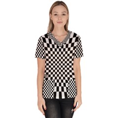 Illusion Checkerboard Black And White Pattern Women s V-neck Scrub Top by Nexatart