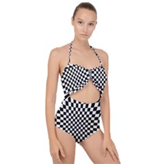 Illusion Checkerboard Black And White Pattern Scallop Top Cut Out Swimsuit by Nexatart