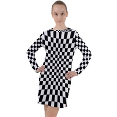 Illusion Checkerboard Black And White Pattern Long Sleeve Hoodie Dress