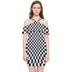 Illusion Checkerboard Black And White Pattern Shoulder Frill Bodycon Summer Dress