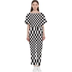 Illusion Checkerboard Black And White Pattern Batwing Lightweight Chiffon Jumpsuit