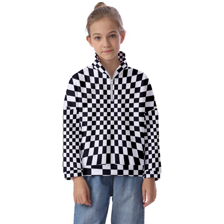 Illusion Checkerboard Black And White Pattern Kids  Half Zip Hoodie