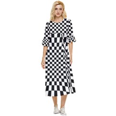 Illusion Checkerboard Black And White Pattern Double Cuff Midi Dress