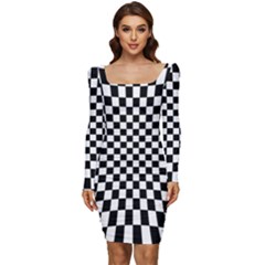 Illusion Checkerboard Black And White Pattern Women Long Sleeve Ruched Stretch Jersey Dress