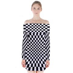 Illusion Checkerboard Black And White Pattern Long Sleeve Off Shoulder Dress