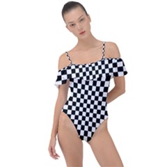 Illusion Checkerboard Black And White Pattern Frill Detail One Piece Swimsuit by Nexatart