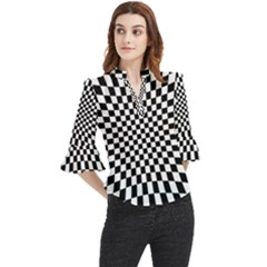 Illusion Checkerboard Black And White Pattern Loose Horn Sleeve Chiffon Blouse