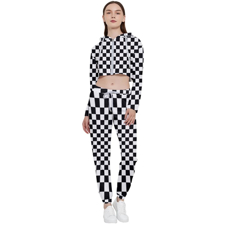 Illusion Checkerboard Black And White Pattern Cropped Zip Up Lounge Set