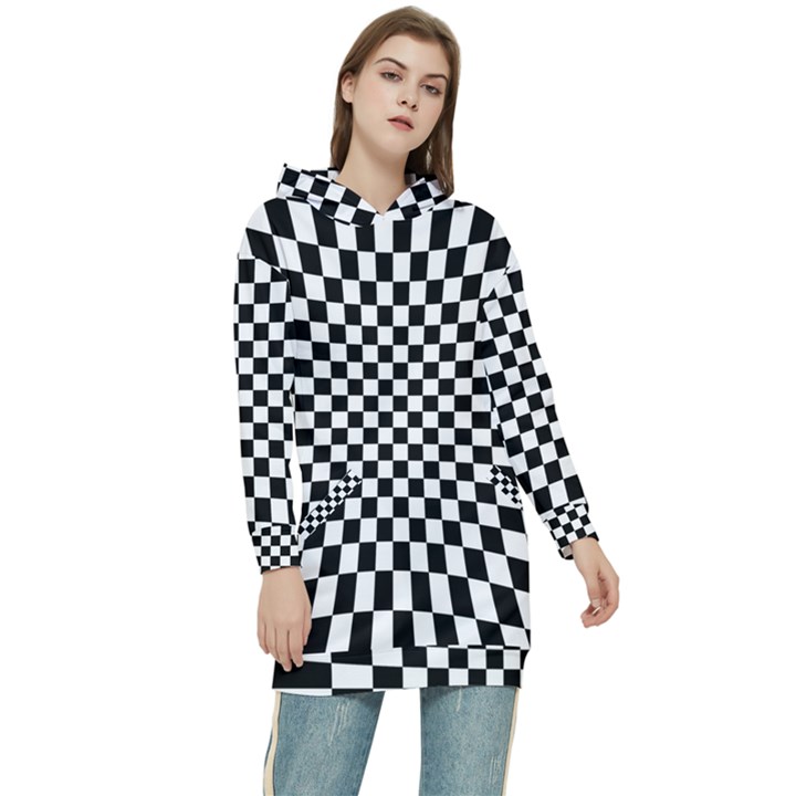 Illusion Checkerboard Black And White Pattern Women s Long Oversized Pullover Hoodie