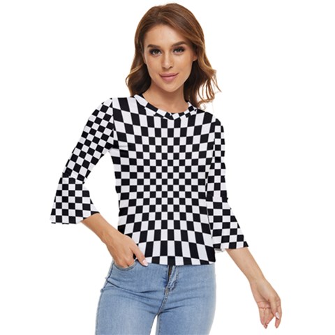 Illusion Checkerboard Black And White Pattern Bell Sleeve Top by Nexatart