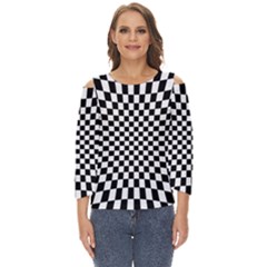 Illusion Checkerboard Black And White Pattern Cut Out Wide Sleeve Top