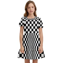 Illusion Checkerboard Black And White Pattern Kids  Puff Sleeved Dress