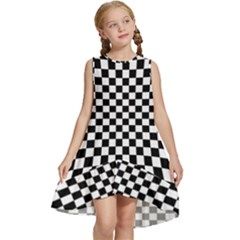 Illusion Checkerboard Black And White Pattern Kids  Frill Swing Dress