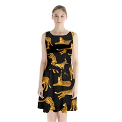 Seamless-exotic-pattern-with-tigers Sleeveless Waist Tie Chiffon Dress