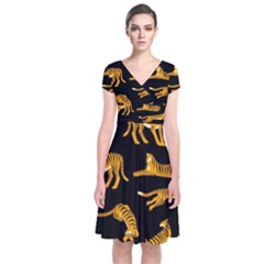 Seamless-exotic-pattern-with-tigers Short Sleeve Front Wrap Dress