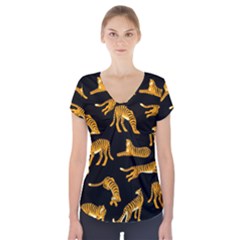 Seamless-exotic-pattern-with-tigers Short Sleeve Front Detail Top by Jancukart