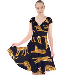 Seamless-exotic-pattern-with-tigers Cap Sleeve Front Wrap Midi Dress