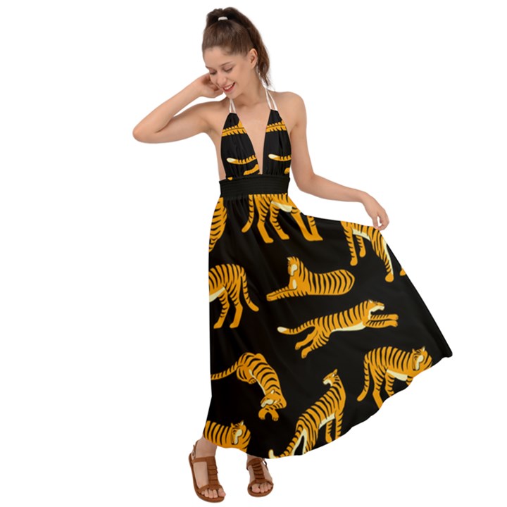 Seamless-exotic-pattern-with-tigers Backless Maxi Beach Dress