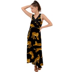 Seamless-exotic-pattern-with-tigers V-neck Chiffon Maxi Dress