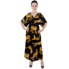 Seamless-exotic-pattern-with-tigers V-neck Boho Style Maxi Dress