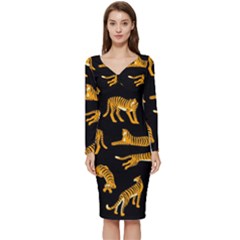 Seamless-exotic-pattern-with-tigers Long Sleeve V-neck Bodycon Dress  by Jancukart