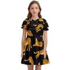 Seamless-exotic-pattern-with-tigers Kids  Bow Tie Puff Sleeve Dress by Jancukart