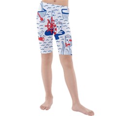 Nautical Cats Seamless Pattern Kids  Mid Length Swim Shorts