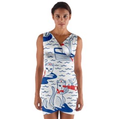 Nautical Cats Seamless Pattern Wrap Front Bodycon Dress