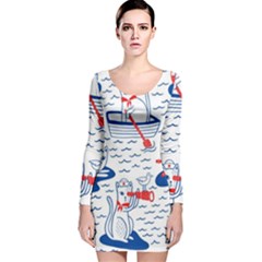 Nautical Cats Seamless Pattern Long Sleeve Velvet Bodycon Dress