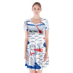 Nautical Cats Seamless Pattern Short Sleeve V-neck Flare Dress