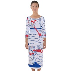 Nautical Cats Seamless Pattern Quarter Sleeve Midi Bodycon Dress