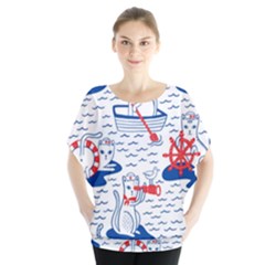 Nautical Cats Seamless Pattern Batwing Chiffon Blouse