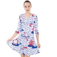 Nautical Cats Seamless Pattern Quarter Sleeve Front Wrap Dress by Jancukart