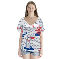 Nautical Cats Seamless Pattern V-neck Flutter Sleeve Top