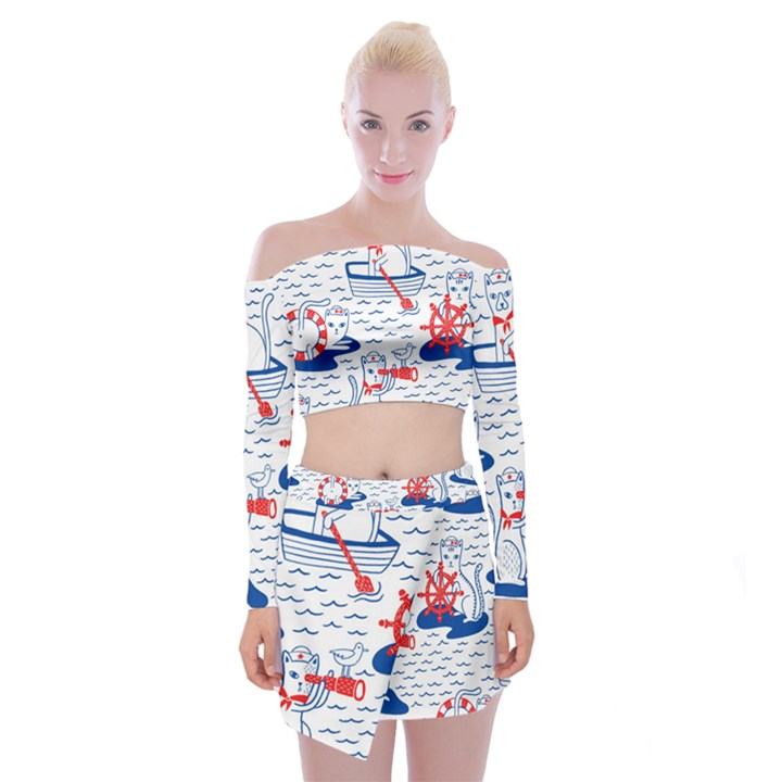 Nautical Cats Seamless Pattern Off Shoulder Top with Mini Skirt Set