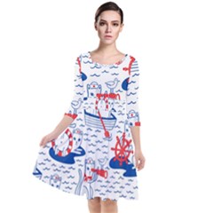 Nautical Cats Seamless Pattern Quarter Sleeve Waist Band Dress