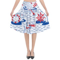 Nautical Cats Seamless Pattern Flared Midi Skirt