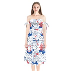 Nautical Cats Seamless Pattern Shoulder Tie Bardot Midi Dress by Jancukart