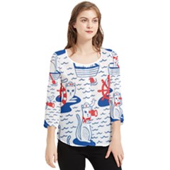 Nautical Cats Seamless Pattern Chiffon Quarter Sleeve Blouse