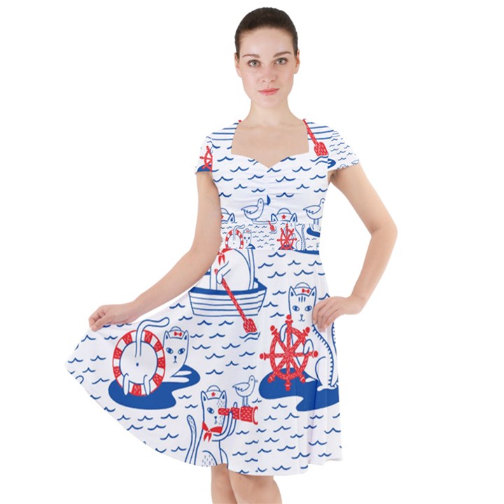 Nautical Cats Seamless Pattern Cap Sleeve Midi Dress