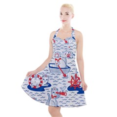 Nautical Cats Seamless Pattern Halter Party Swing Dress 