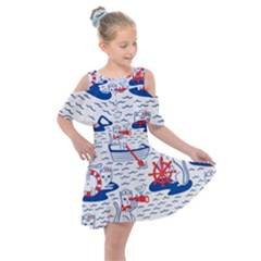 Nautical Cats Seamless Pattern Kids  Shoulder Cutout Chiffon Dress by Jancukart