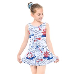 Nautical Cats Seamless Pattern Kids  Skater Dress Swimsuit