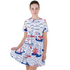 Nautical Cats Seamless Pattern Short Sleeve Shoulder Cut Out Dress 