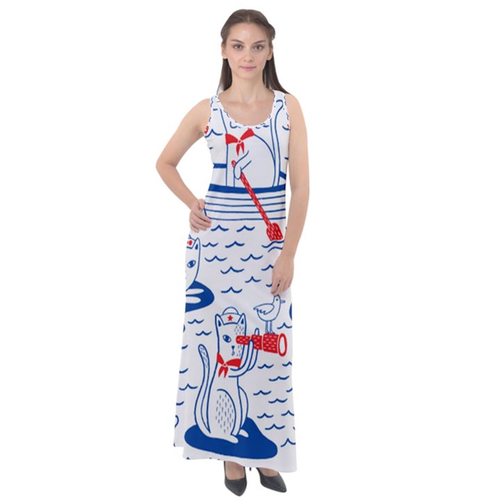 Nautical Cats Seamless Pattern Sleeveless Velour Maxi Dress