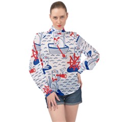 Nautical Cats Seamless Pattern High Neck Long Sleeve Chiffon Top