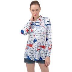 Nautical Cats Seamless Pattern Long Sleeve Satin Shirt