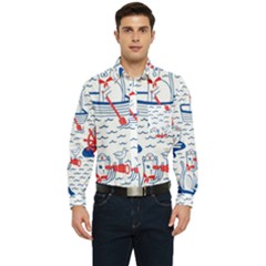 Nautical Cats Seamless Pattern Men s Long Sleeve Pocket Shirt 