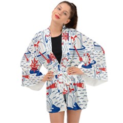 Nautical Cats Seamless Pattern Long Sleeve Kimono