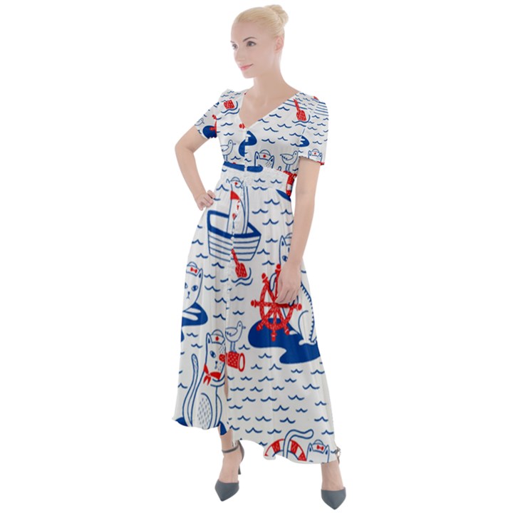 Nautical Cats Seamless Pattern Button Up Short Sleeve Maxi Dress